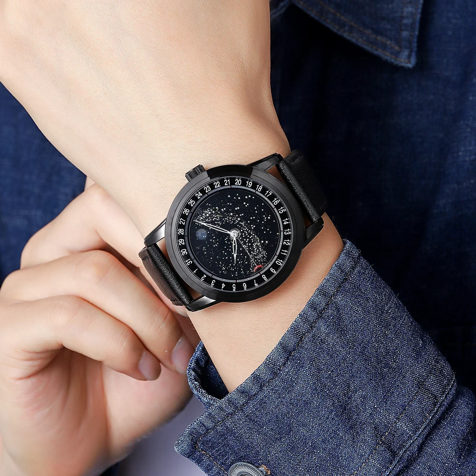 SKMEI 2116 Mens Casual Genuine Leather Strap Date Wristwatch reloj hombre movement Fashion Starry Sky Moon Phase Watches