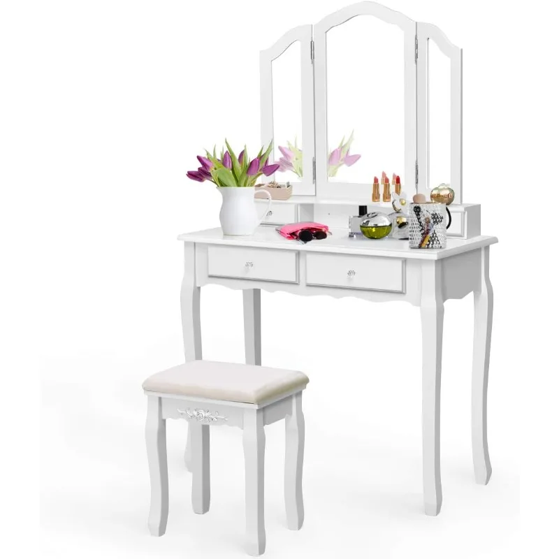 

Giantex Vanity Set with Tri-Folding Mirror and 4 Drawers, Makeup Dressing Table with Cushioned Stool for Girls Women