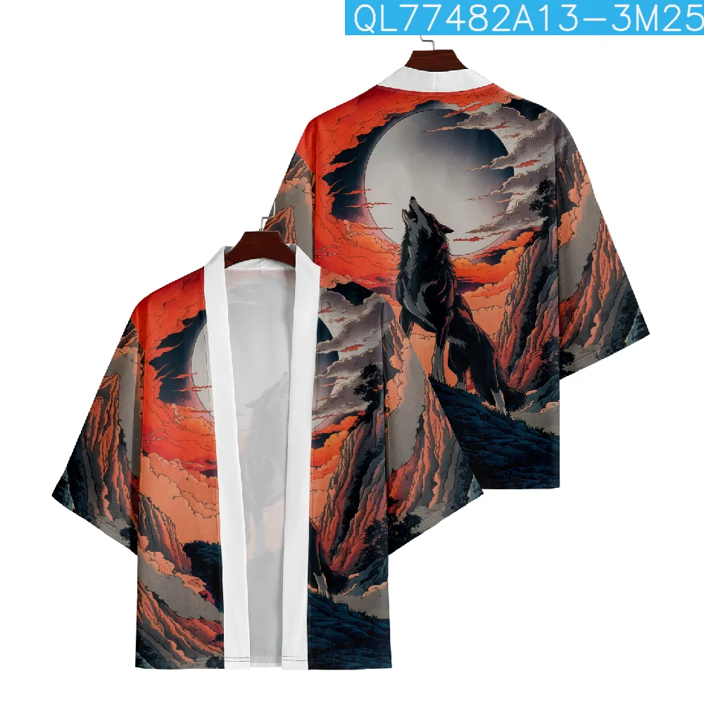 Oversized Wolf Print Fashion Japanese Cosplay Kimono Cardigan Men Shirts Yukata Haori Traditional Asian Clothing Plus Size