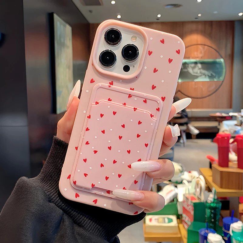 Card Slot Pocket Phone Case with Love Heart Pattern - Shockproof Soft Silicone Cover