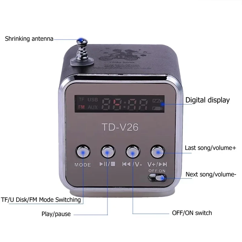 VIKEFON TD-V26 Mini Portable Sound Speaker TF Card FM Radio AUX Stereo Music Player Bluetooth Speaker Outdoor High Looks Party 3