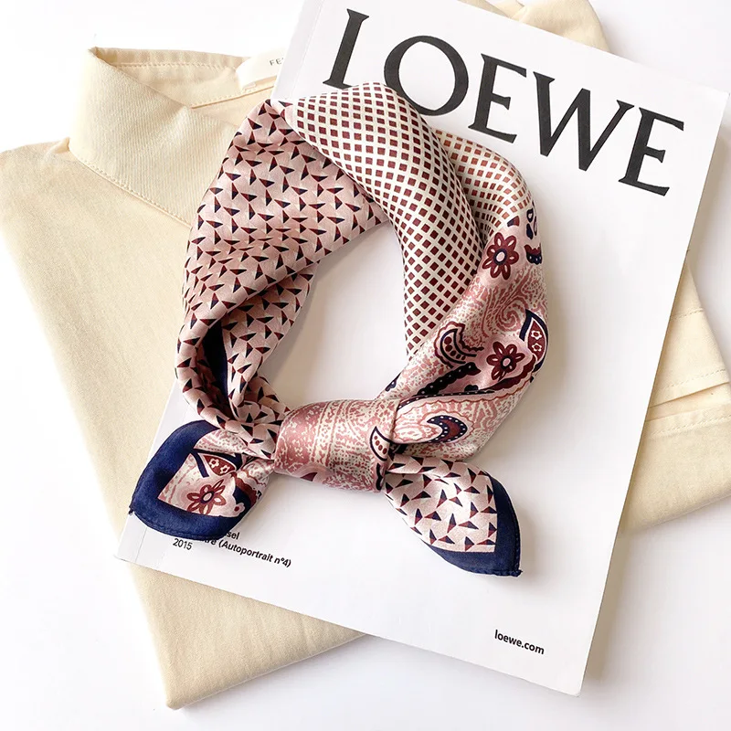 100% Natural Real Silk Scarf 53CM Square Women Summer Cashew Splice Print Scarves Bandana Foulard Bag Scarfs Ladies Hairbands 4