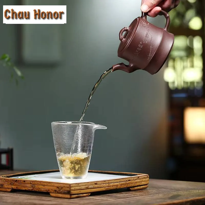 Chinese Yixing Purple Clay Teapots Master Hand Carved Bamboo Joint Tea Pot Raw Ore Purple Mud Kettle Handmade Zisha Tea Set Gift