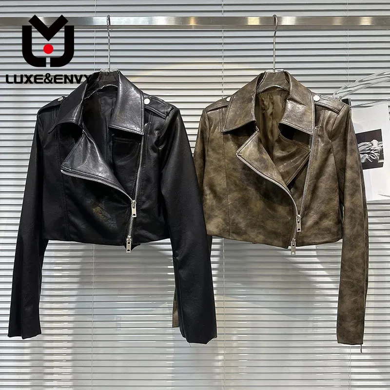 

LUXE&ENVY New Niche Diagonal Zipper Fantasy Wash Leather Dark Spicy Girl Leather Jacket 2023 Autumn