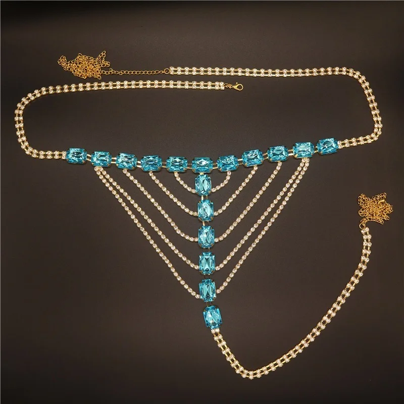 Shiny blue crystal sexy bikini jewelry fashion sexy long tassel pendant body chain women's nightclub sling thong accessories