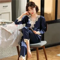 Ice Silk Pajamas Women Long Sleeve Lace Green Premium Sense Two Piece Sweet Homewear Love Blue - Image 3