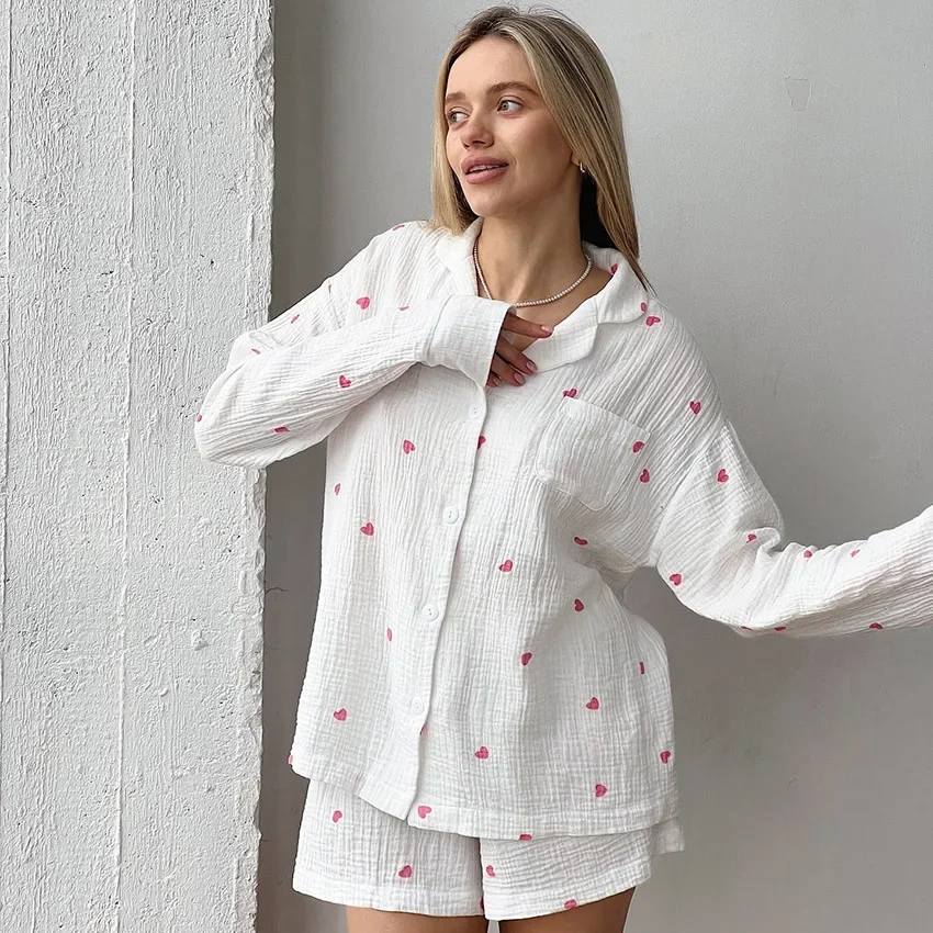 2024 Fashion Cotton Heart Pattern Linen Ruffle Shirt Shorts Two Piece Set soft Women Long Sleeve sleepwear Short with Pocket