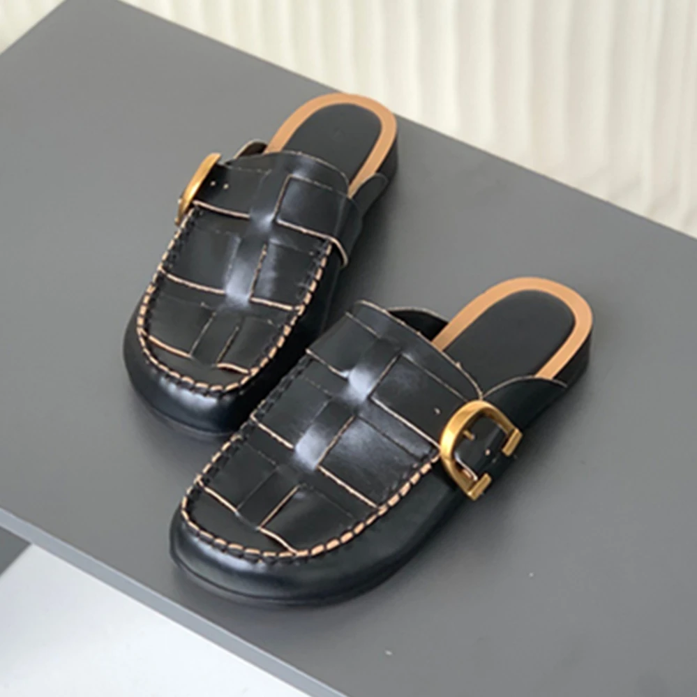 

Jenny&Dave Casual Commuting Wood Mules Slippers Women Retro Cowhide Woven Handmade Flat Shoes