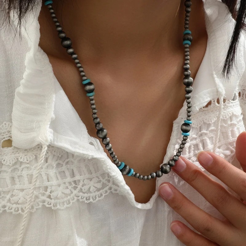 1 Pc Western Cowboy Style Turquoise Inlay & Navajo Pearl Beaded Necklace Suitable for Women's Daily Wear