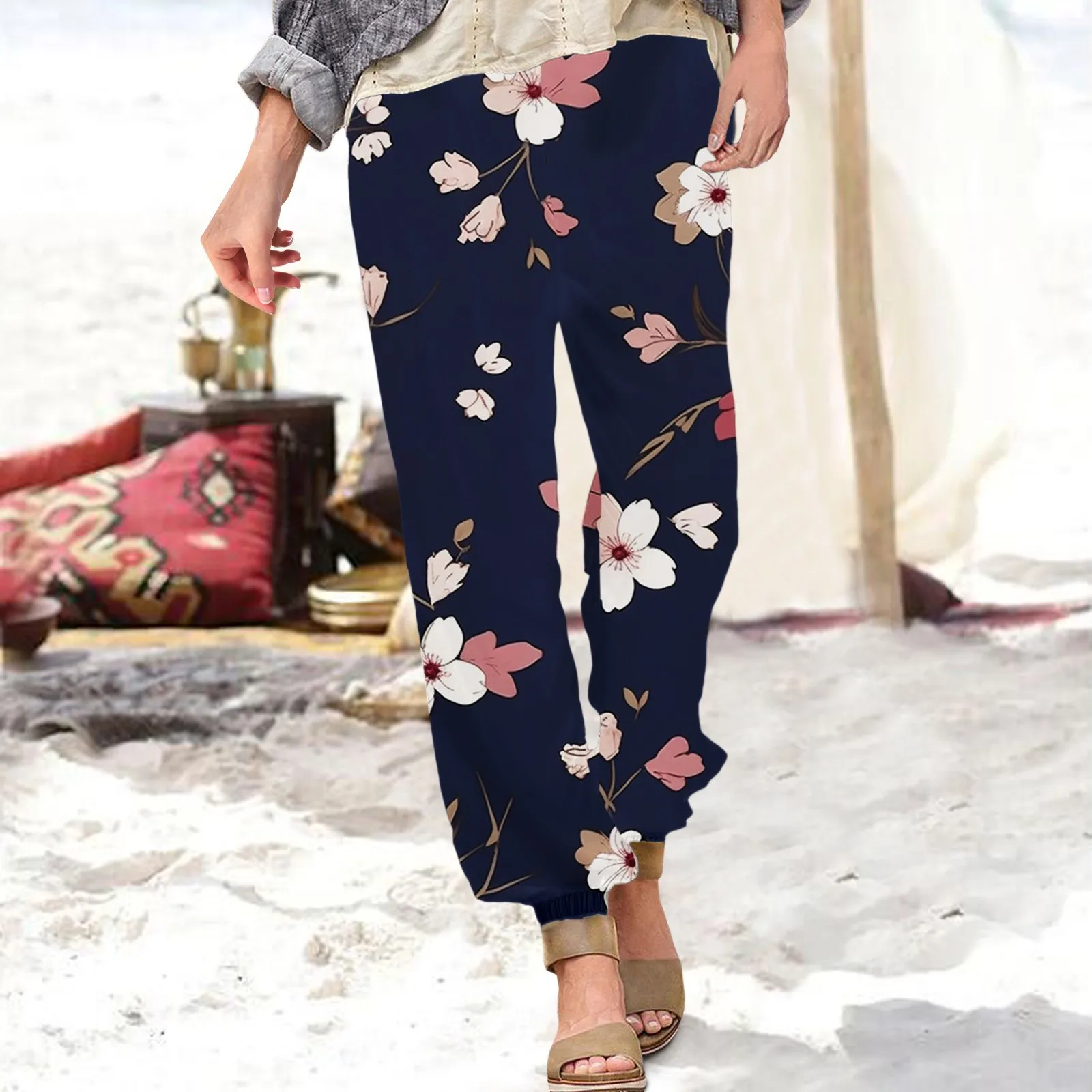 

Loose Beach Trousers Womens Floral Print Drawstring Long Pockets Holiday Boho High Wide Leg Trousers Beach Straight Sweatpants