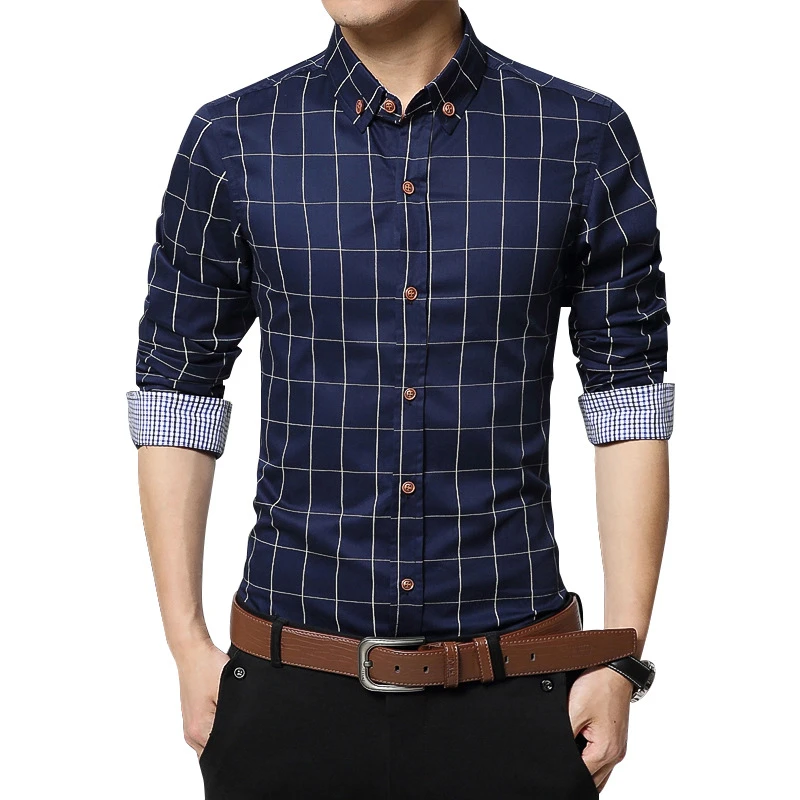 Camisas de vestir de marca para hombre, camisa trabajo de negocios a cuadros, camisas informales de algodón, Blusa manga larga, ajustadas de moda para hombres sociales|Camisas informales| - AliExpress