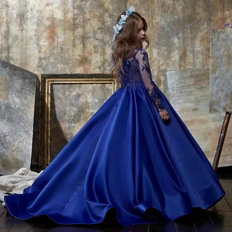 

Royal Blue Lace Appliques Flower Girl Dresses For Wedding Beaded Toddler Pageant Gowns Satin Long Sleeves O-Neck Kids Prom Dress