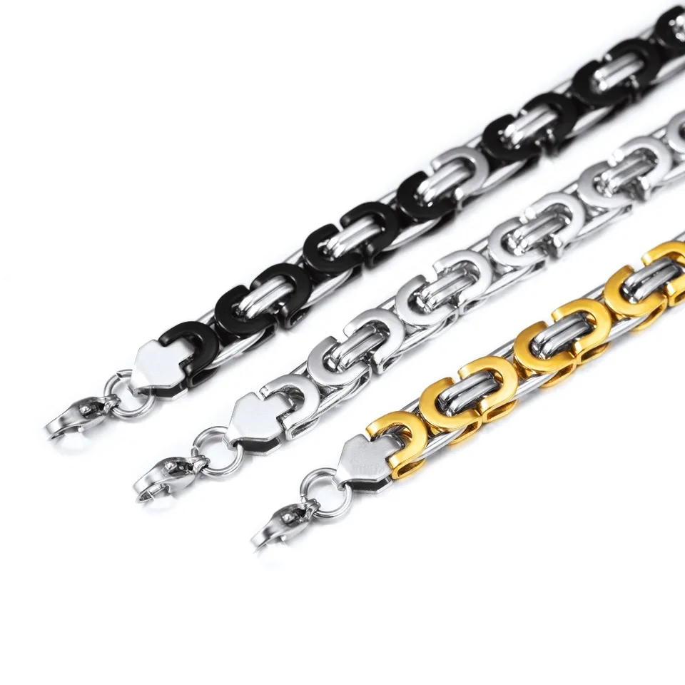 Flat Byzantine Bracelet Stainless Steel - Chunky Chain Curb Link, Unisex, Water Resistant, 9 Inch