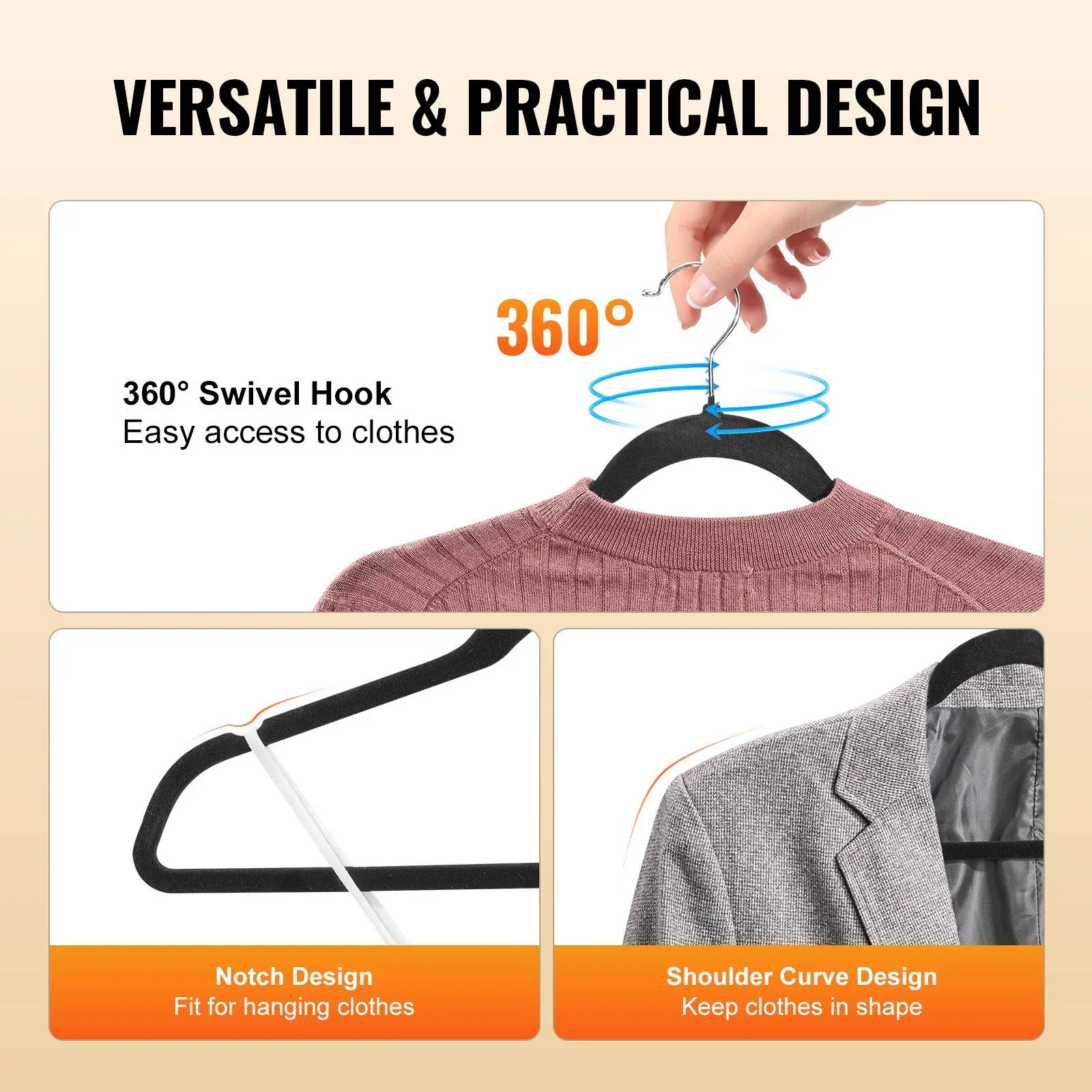 Hangers, 11lbs Load-Bearing, 50 Pack Black Velvet Hangers with 360 Degree Swivel Hook & 0.2 in Ultra-Thin Design, Non-Slip Spac 3