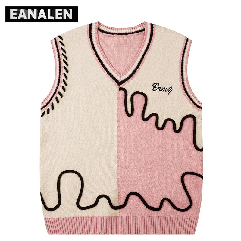 

Harajuku Retro Black Pink Sweater Vest Men's Designer Pullover Vest Y2K Extra Large Cute Sleeveless Grandpa Ugly Sweater Women's