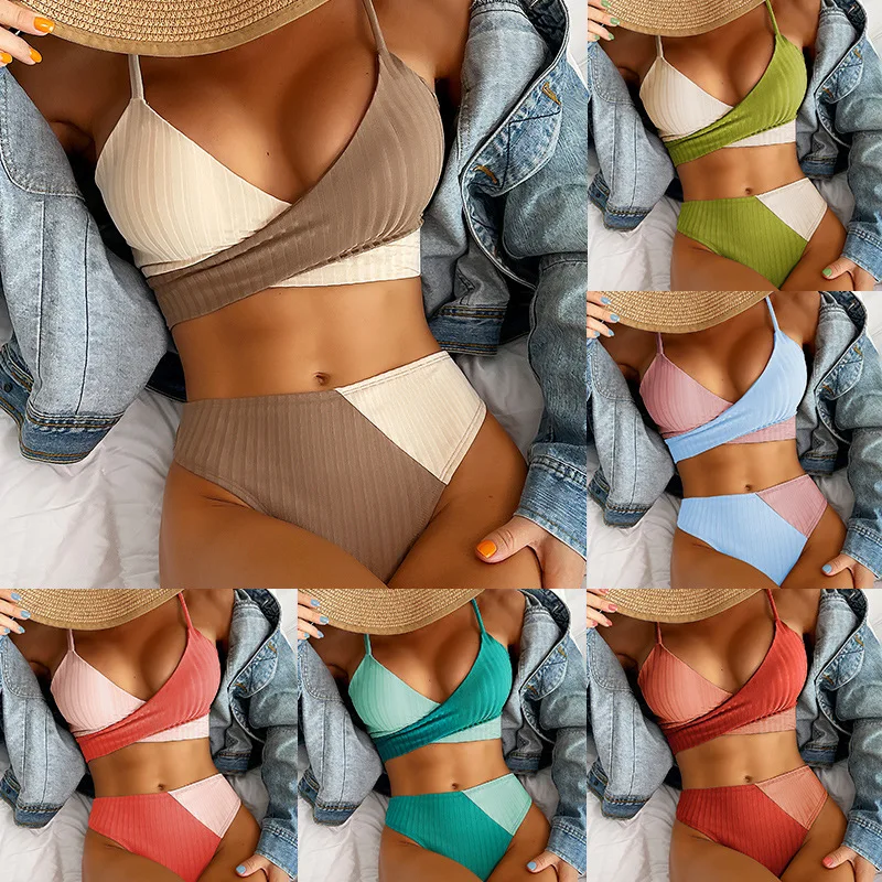 2022 New Solid Color Color Matching Thick Pit Strip Cross Straps High Waist Women Bikini Sexy Swimsuit