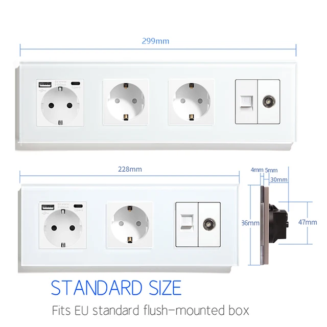 Wall Sockets with TV CAT6 Type C Outlet USB Socket EU Standard Internet Rj45 Network Connector Wall Sockets with TV CAT6 Type C Outlet USB Socket EU Standard Internet Rj45 Network Connector Glass Panel home improvement