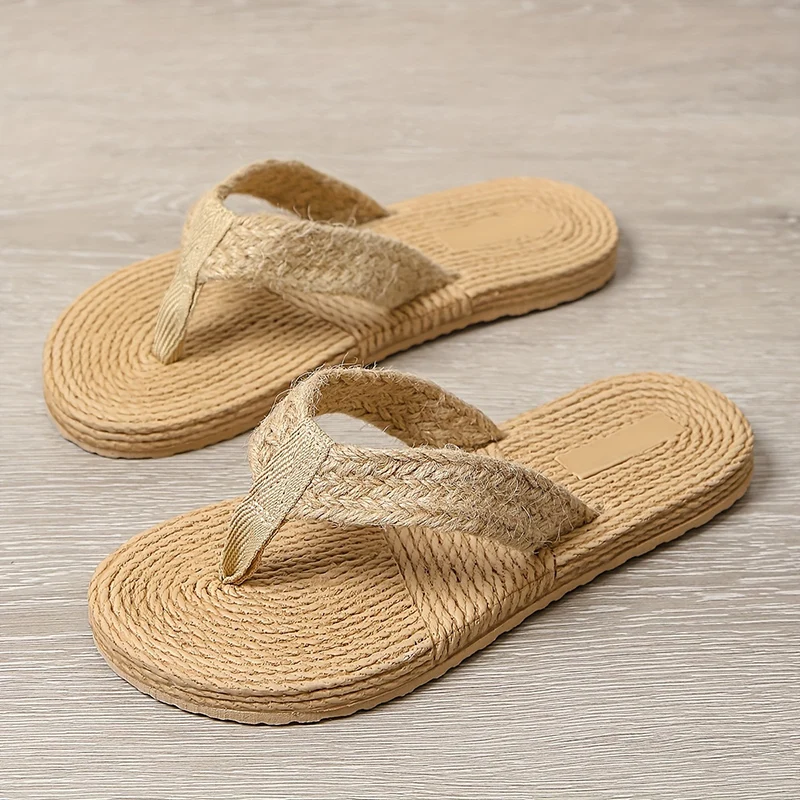 Summer Straw Rope Weave Flat Heel Flip Flops Women Lightweight Clip Toe Beach Slippers Woman Soft Sole Non Slip Vacation Slides