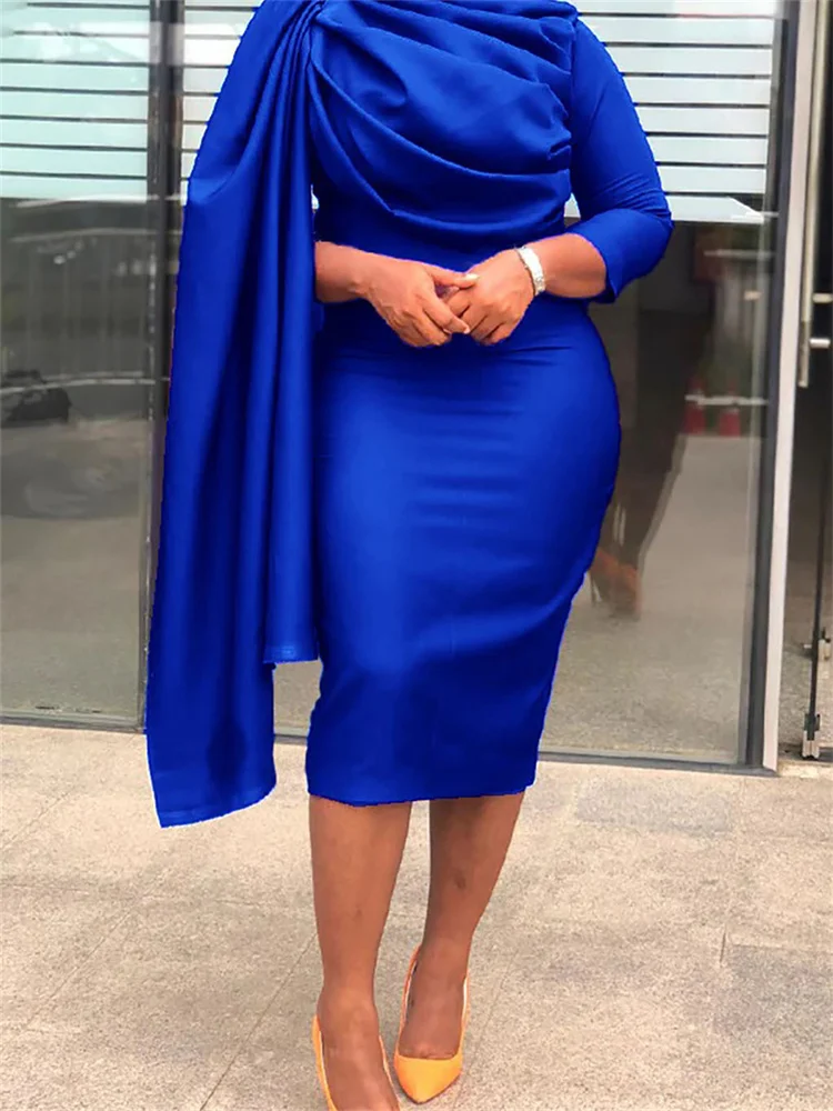 Wmstar Women Dress Elegant Casual Solid Color Stacked Neck Long Sleeve Ruffled Slim Skinny Bodycon Evening Night Club Dresses