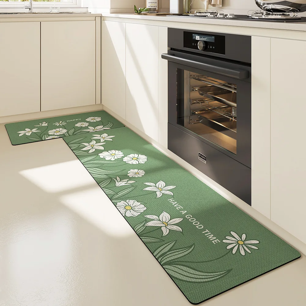 

Pastoral Style Long Kitchen Floor Mat Household PU Leather Fatigue Mat Anti-oil Stain No-clean Anti-dirty Carpet Kitchen Rug