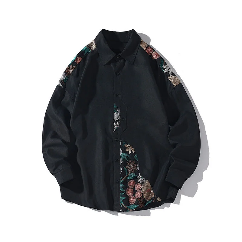 Autumn Embroidered Shirts Men Fashion Retro Flower Shirts Mens Japanese Streetwear Loose Long Sleeve Shirts Men Plus Size M-5XL