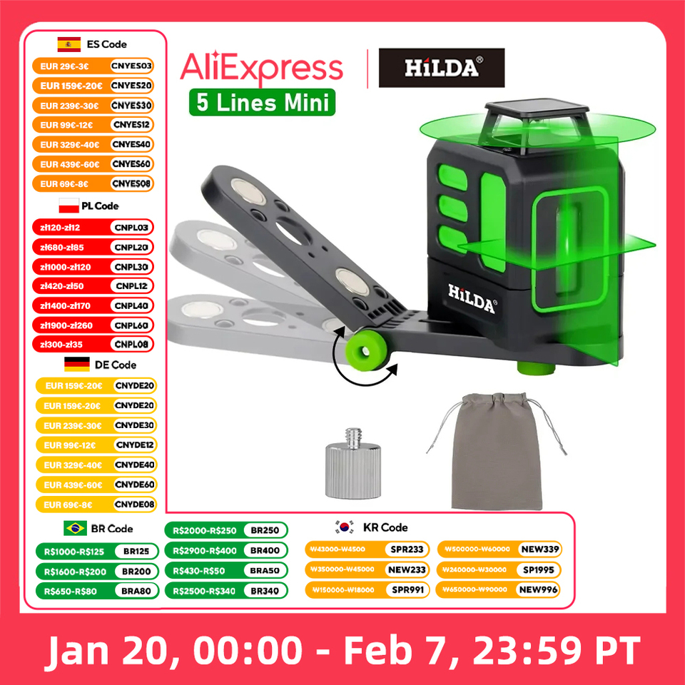 HILDA 2/5 Lines 360 Automatic Leveling Level Construction Tool Equipment Green Light Cross Laser Level