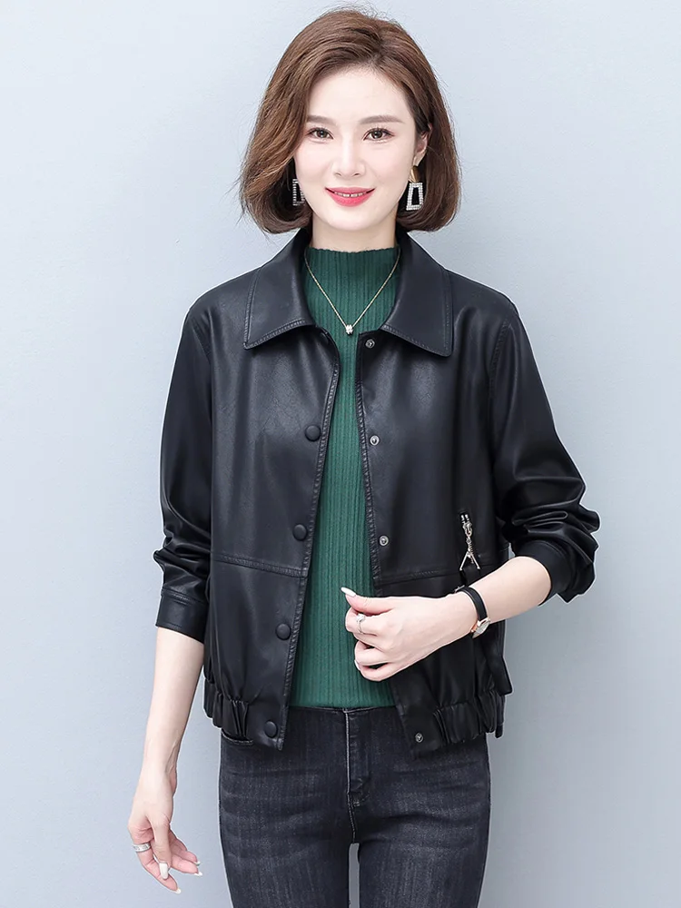 New Women Leather Jacket Autumn Winter Fashion Casual Turn-down Collar Plus Cotton Liner Short Sheepskin Coat Slim Outerwear