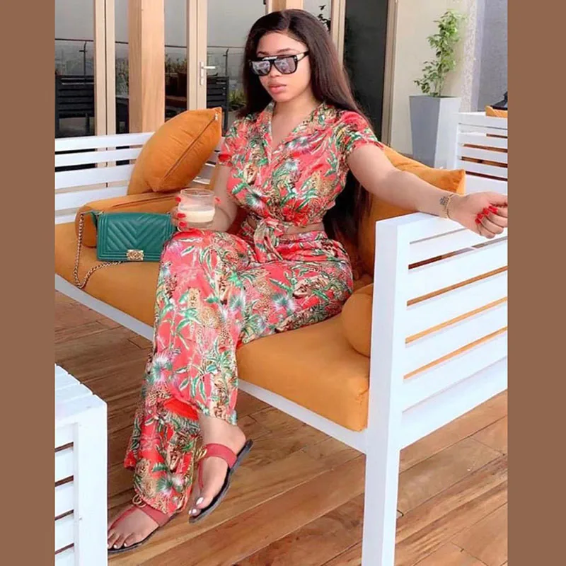 

African Clothes 2 Two Piece Set Women Summer Fashion Print Shirt Straps Tops And Pants Elastic Streetwear African Suits For Lady