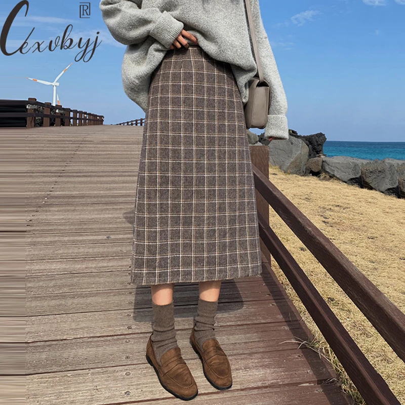 Midi Skirt Woolen Women Vintage Elastic High Waist Plaid Harajuku Skirt Autumn Winter Korean Loose Teens College A-Line Skirt