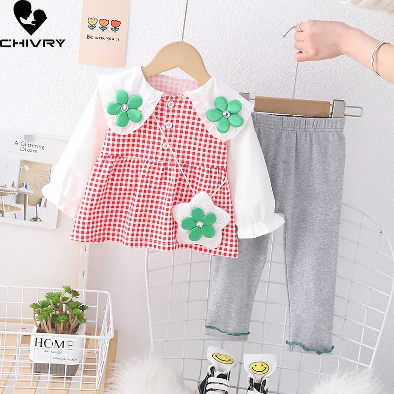 

Girls Fashion Clothing Sets New 2023 Kids Spring Sweet Floral Lapel Plaid Shirt Tops with Leggings Baby Girl Casual Clothes