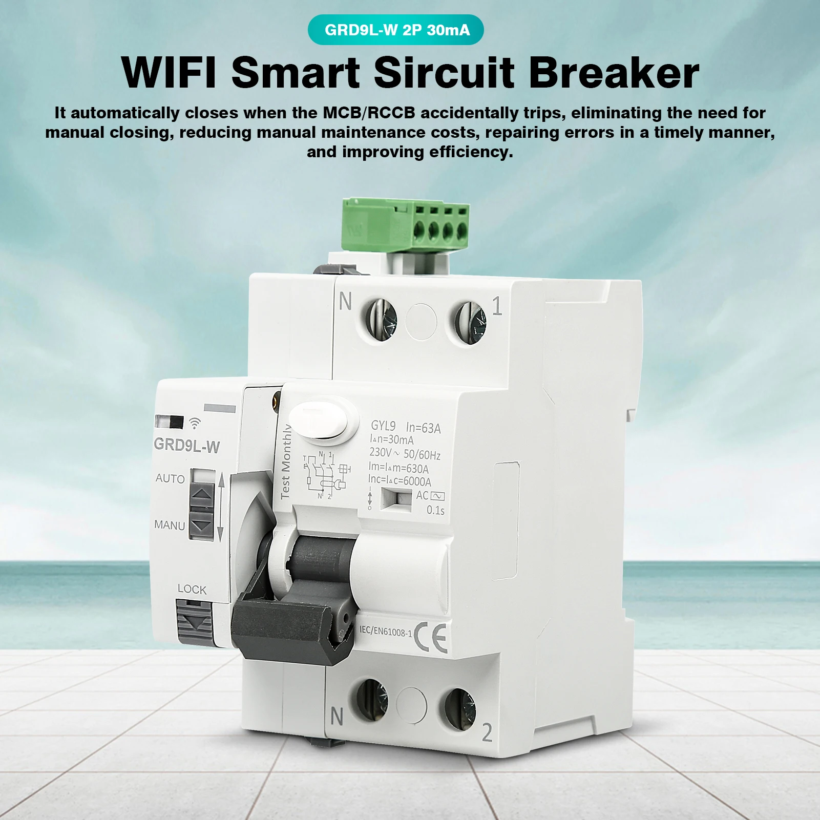 GRD9L-W 2P 63A 30mA WiFi 리클로저 원격 제어 회로 차단기 RCCB 수동 재폐로 스위치 원격 제어 회로 차단기