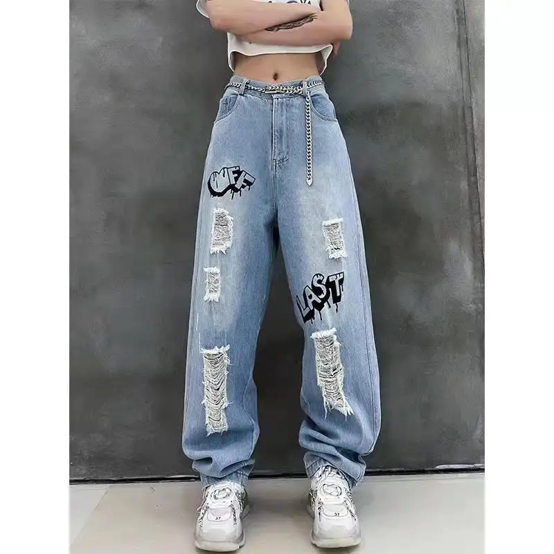 Y2k Women Graffiti Hole Wide Leg Jeans Streetwear Fashion Casual Pants Spring Summer New High Waist Loose Vintage Denim Trousers men s and women s jeans high street national tide hip hop music smiley hole hand painted graffiti print denim trousers