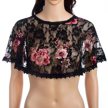 Korean Solid Color Rose Hollow Lace Transparent Sunscreen Shawl Women's Summer Sun Clothing Cheongsam Cape Jacket Blouse R26