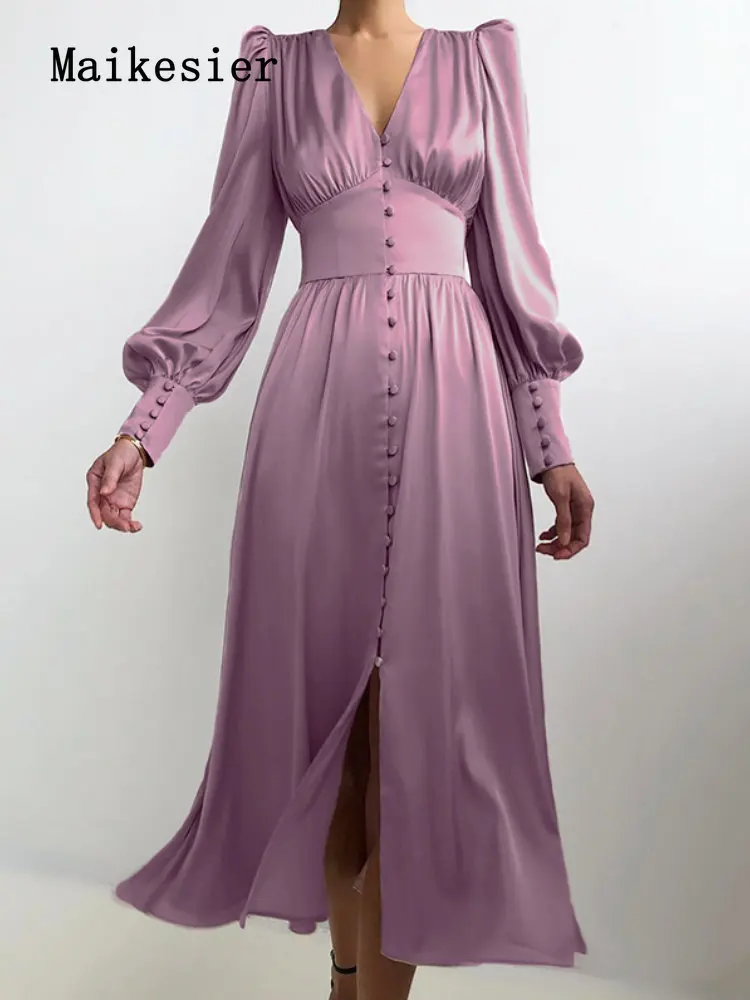 

Spring Women's High-grade Formal Dress Formal Dresses Chic and Elegant Woman Dress Long Satin Texture Deep V-neck Prom Party