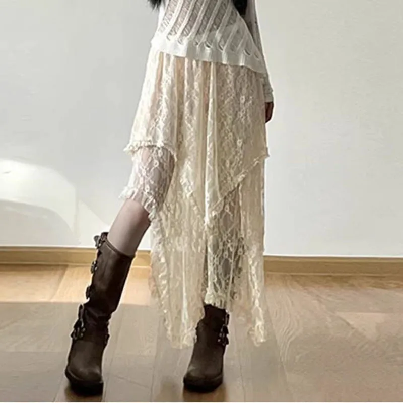 Lace Asymmetrical Skirt Women Vintage Y2K Boho Aesthetic Fashion High Waist Mid Skirts Summer Ladies Holiday Outfits 5