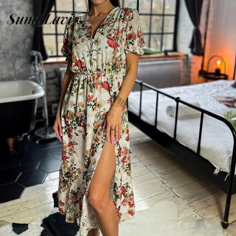 

Floral Print Slim Fashion Women Dresses 2024 V Neck Short Sleeve Long Elegant Dress Ladies Button High Waist A-Line Split Dress
