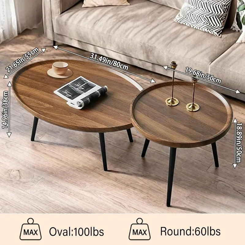 Mid Century Modern Coffee Table, Nesting Coffee Table Set of 2，Oval+ Round Side Table Set for Living Room 3