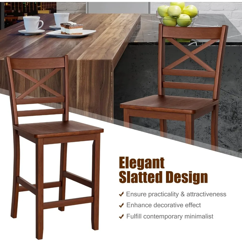 Bar Stools, 25'' Antique Kitchen Counter Height Chairs with Wooden X-shaped Backrest & Rubber Wood Legs