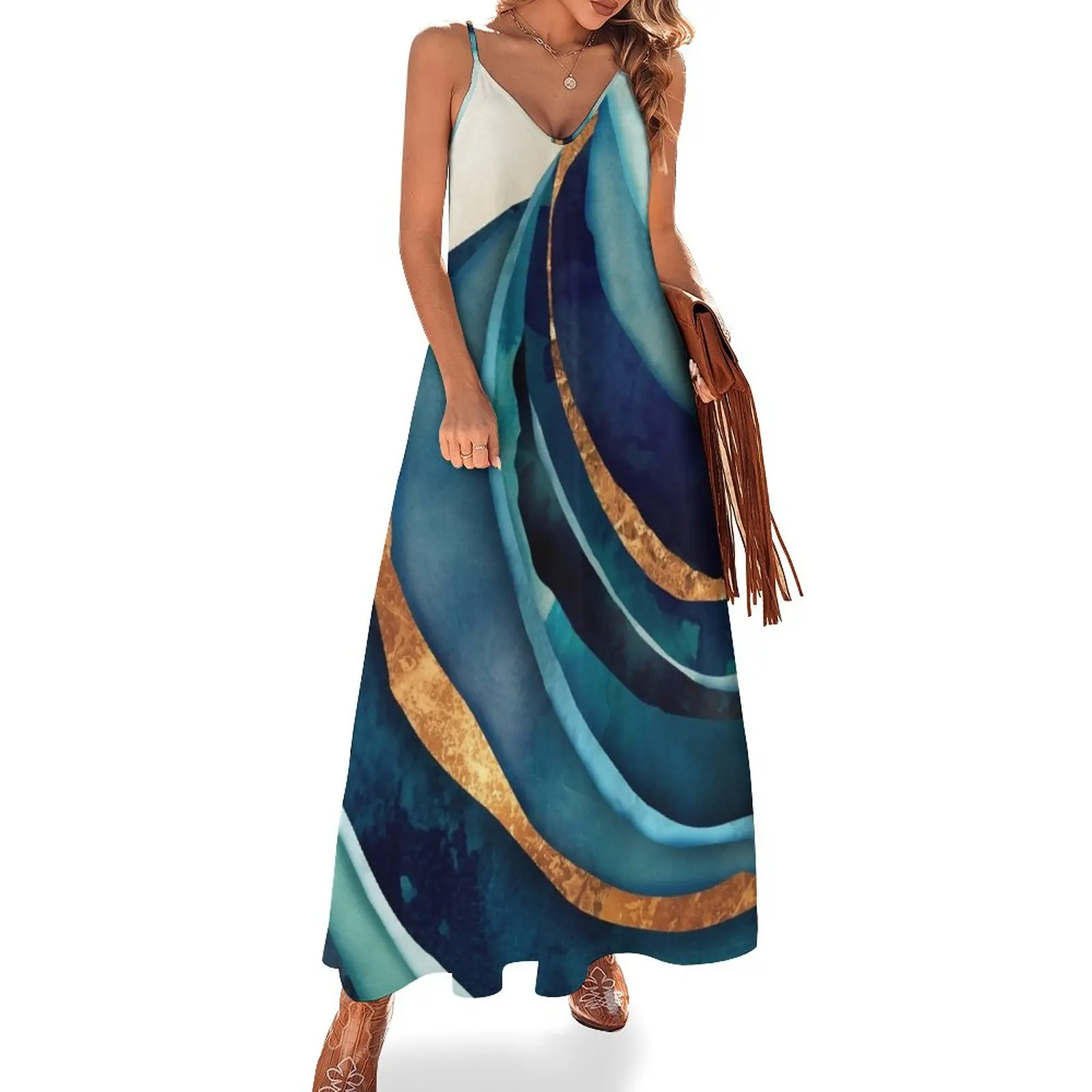 

Abstract Blue with Gold Sleeveless Dress bandage dress Women's summer suit clothes
