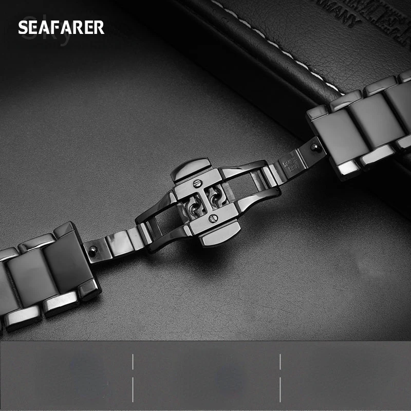 Ceramic Black Watch Band Bracelet - Unisex, 22-24mm Strap