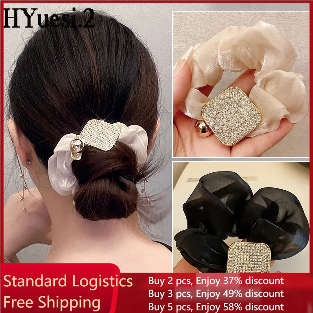 

Bling Full Diamond Square Charms Hair Ropes Large Size Elastic Mesh Scrunchie With Metal Tag For Ladies Ponytail Holders