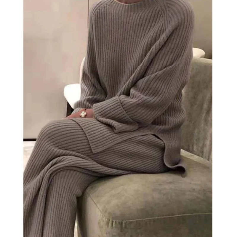 

Sweater Matching Sets Winter Knit Two Piece Set Ensembles Assortis Pour Pull Elegant Solid O-neck Wide Leg Zestawy Do Spodni