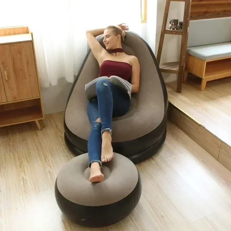 Lazy Couch Sofas Inflatable Foldable Recliner Outdoor Sofa Bed with Stirrups Comfortable Combination Flocked Velvet Sofa Chair