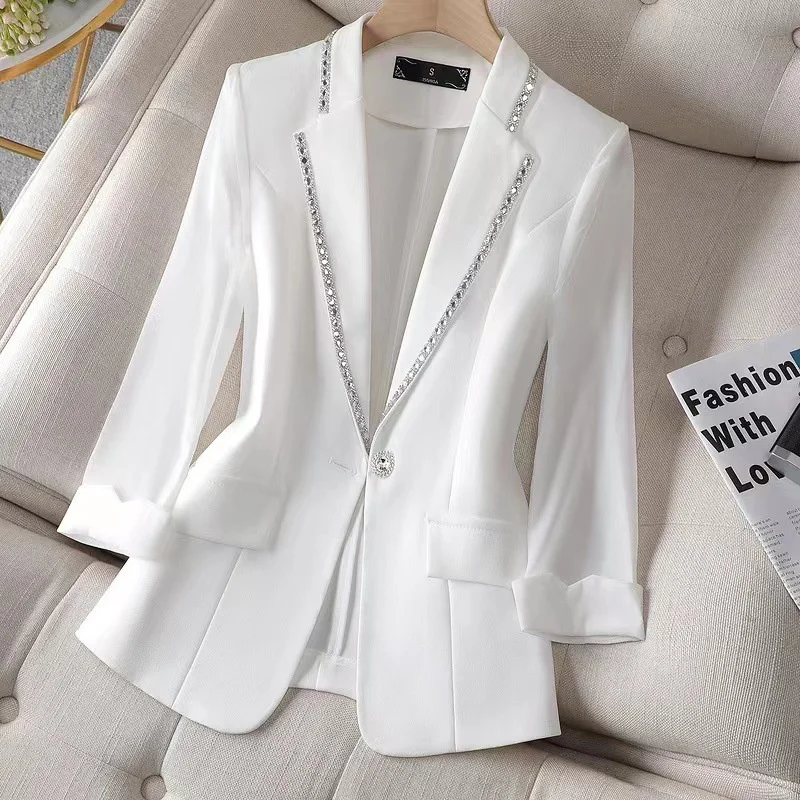 2023 New Women's Blazer Diamond-Encrusted Summer Sunscreen Jacket White  Suit Jacket Women Fashion Thin Blazer Jacket Women Trend - AliExpress  200000345
