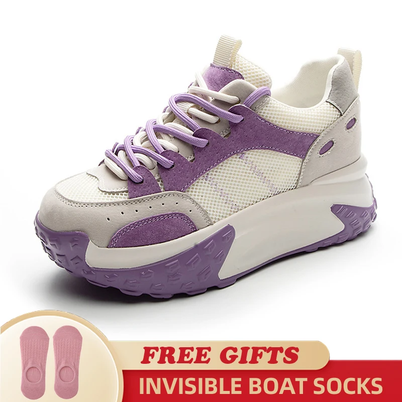 

6cm 2023 Lace Mesh New Genuine Leather Sneaker Summer Comfy High Brand Breathable Shoes Chunky Platform Women Wedge Shoes