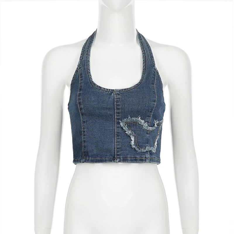 Embroidery Butterfly Women Halter Denim Tank Top Fashion Street Y2K Sleeveless Vest Backless Sexy Fitted Cropped Top