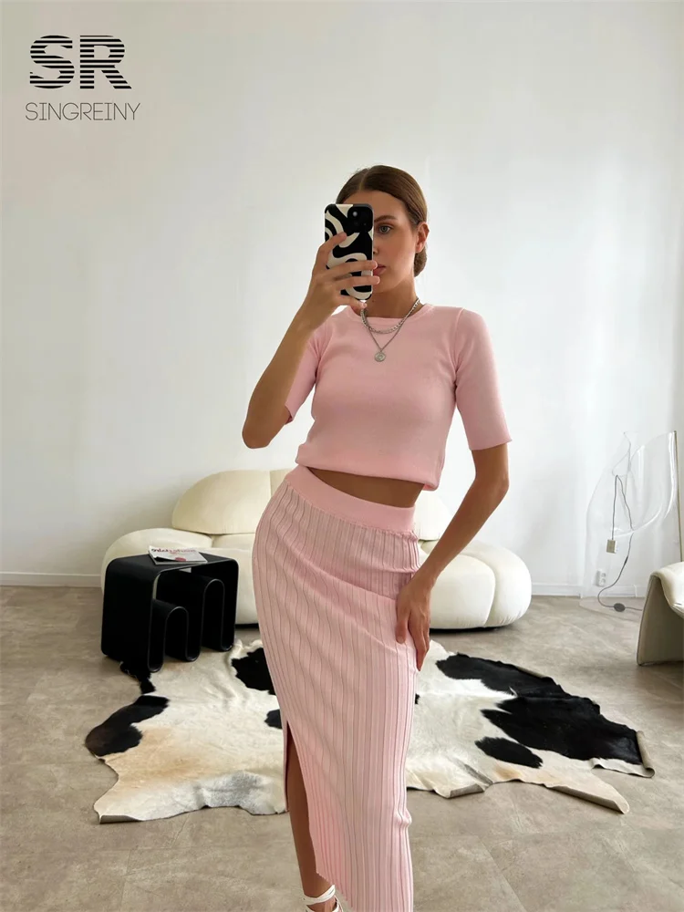 SINGREINY Casual Two Piece Sets Women Summer O Neck Top Elastic Waist Long Skirt Fashion Office Lady Korean Knit Suit - Image 6