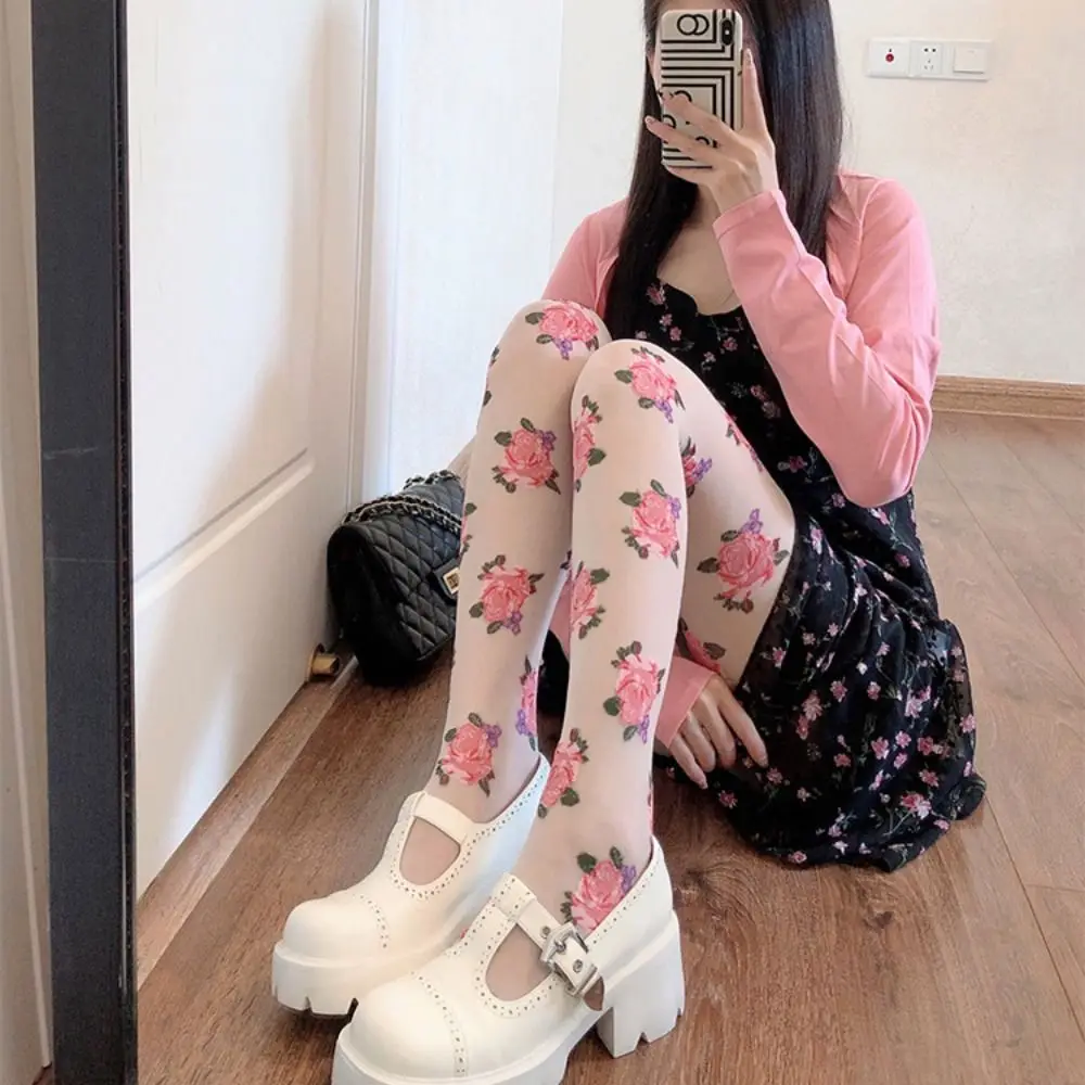 

Embroidery Lolita Stockings Female Hosiery Pink/Black Rose Floral Tights Thin Mesh Pantyhose Party