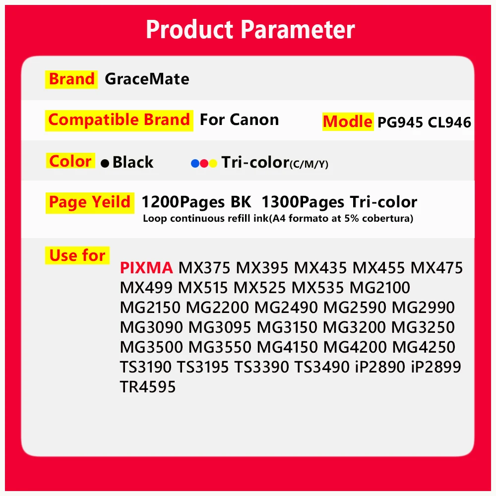 Substituição Kit de Recarga de Tinta para Canon Cartucho de Tinta Pixma Ts3390 Mg2590 Mg2990 Mg3090 Ts3490 Ip2890 Mx499 Cl946 Pg945 Pg945 Cl946 - Imagem 5