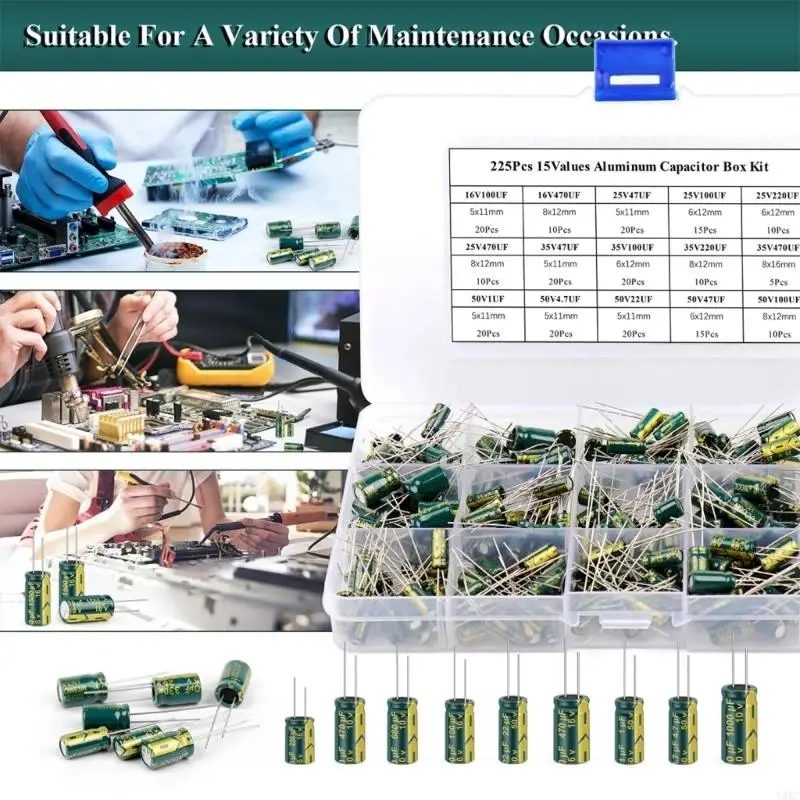 N5KC 225PCS Aluminum Electrolytic Capacitor set High Frequency Capacitor Simple to Use for DIY Projects & Electronics Repair